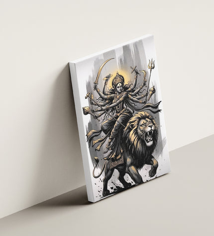Canvas print of a deity riding a lion on a white wall