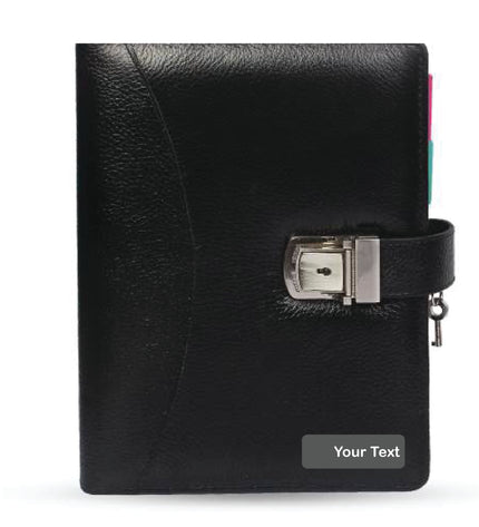 Black leather planner with a silver buckle lock on a white background