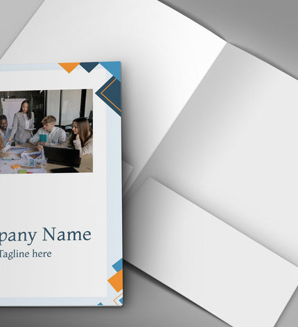 Design template with a photo of people at a table and text area for 'Company Name' and 'Tagline here' on a gray background.