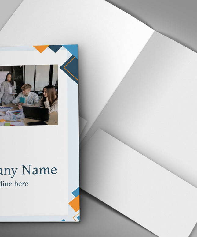 Design template with a photo of people at a table and text area for 'Company Name' and 'Tagline here' on a gray background.