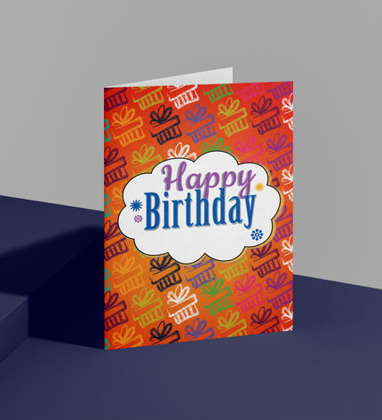 Colorful birthday card with 'Happy Birthday' text on a gray and blue gradient background