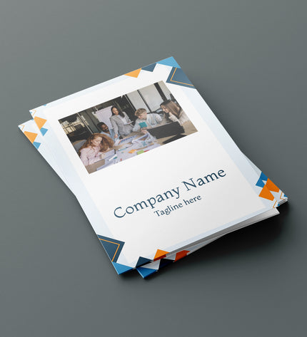 Brochure with a photo of people working together on a gray background