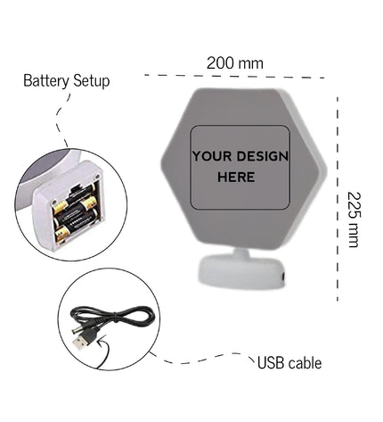 Product design with battery setup, USB cable, and dimensions on a white background