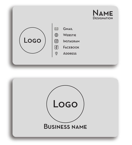 Two white business cards with black text and logo on a white background