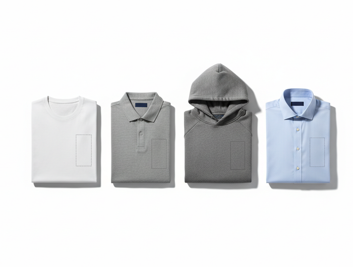Wide 16:9 studio banner showing a neatly arranged set of customizable apparel including a round neck t-shirt, polo t-shirt, hoodie, and formal shirt. Minimal white background, soft studio lighting, clean shadows, high detail, modern premium presentation. Each item has a subtle blank print area placeholder. Professional e-commerce banner style.