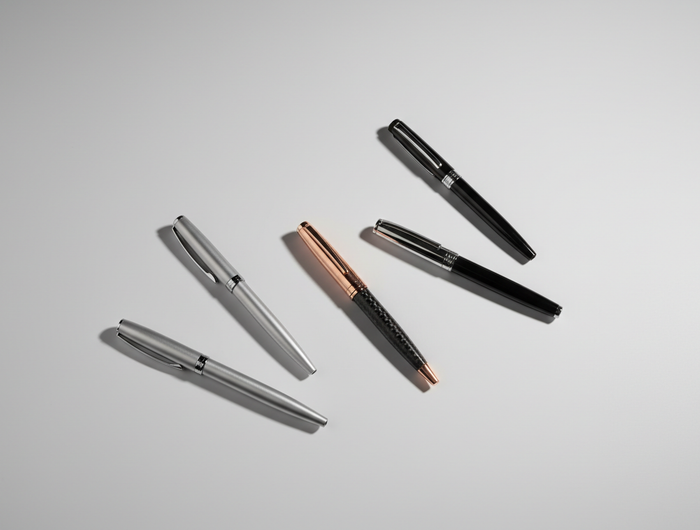 Wide-angle minimal studio scene showing 4–5 premium pens arranged aesthetically on a smooth matte light-grey background, soft diffused shadows, clean modern ecommerce look, consistent lighting, high detail, wide composition optimized for Shopify banner, 16:9 aspect ratio.
